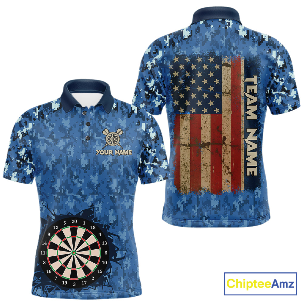 Custom Patriotic Dart Polo 1/4-Zip Shirt For Men Blue Camo US Flag Dartboard Retro Darts Team Jersey NYN4408