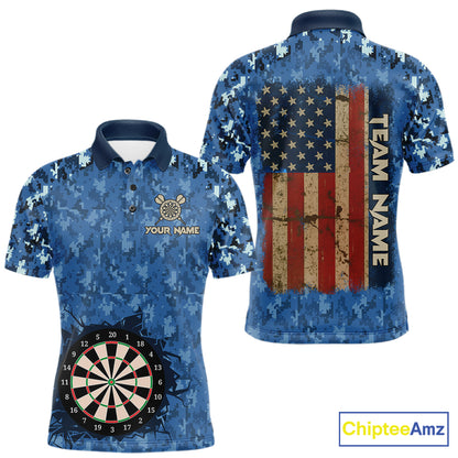 Custom Patriotic Dart Polo 1/4-Zip Shirt For Men Blue Camo US Flag Dartboard Retro Darts Team Jersey NYN4408