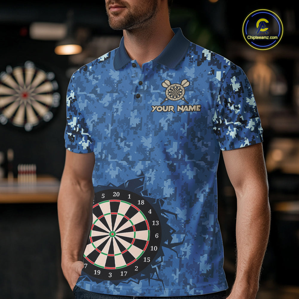 Custom Patriotic Dart Polo 1/4-Zip Shirt For Men Blue Camo US Flag Dartboard Retro Darts Team Jersey NYN4408