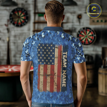 Custom Patriotic Dart Polo 1/4-Zip Shirt For Men Blue Camo US Flag Dartboard Retro Darts Team Jersey NYN4408