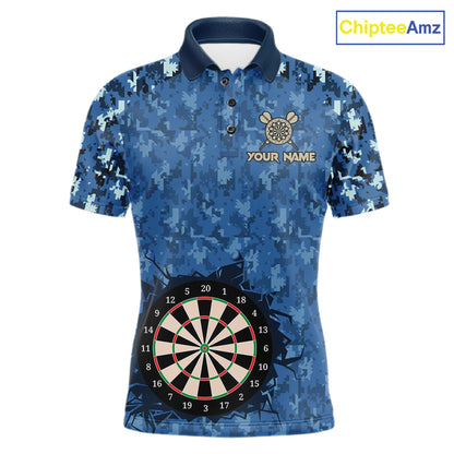 Custom Patriotic Dart Polo 1/4-Zip Shirt For Men Blue Camo US Flag Dartboard Retro Darts Team Jersey NYN4408