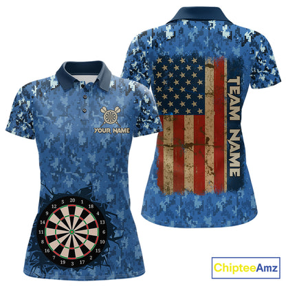 Custom Patriotic Dart Polo 1/4-Zip Shirt For Women Blue Camo US Flag Dartboard Retro Darts Team Jersey NYN4408