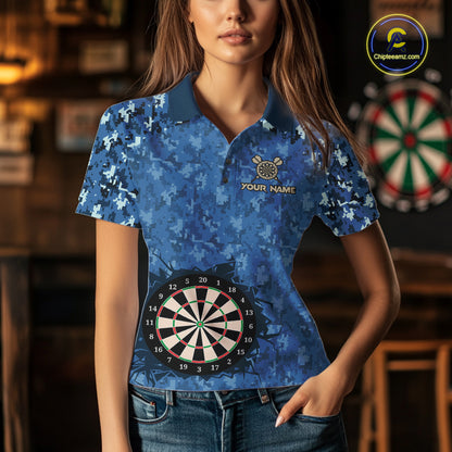 Custom Patriotic Dart Polo 1/4-Zip Shirt For Women Blue Camo US Flag Dartboard Retro Darts Team Jersey NYN4408