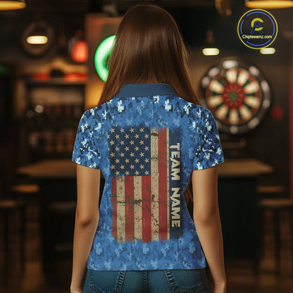 Custom Patriotic Dart Polo 1/4-Zip Shirt For Women Blue Camo US Flag Dartboard Retro Darts Team Jersey NYN4408