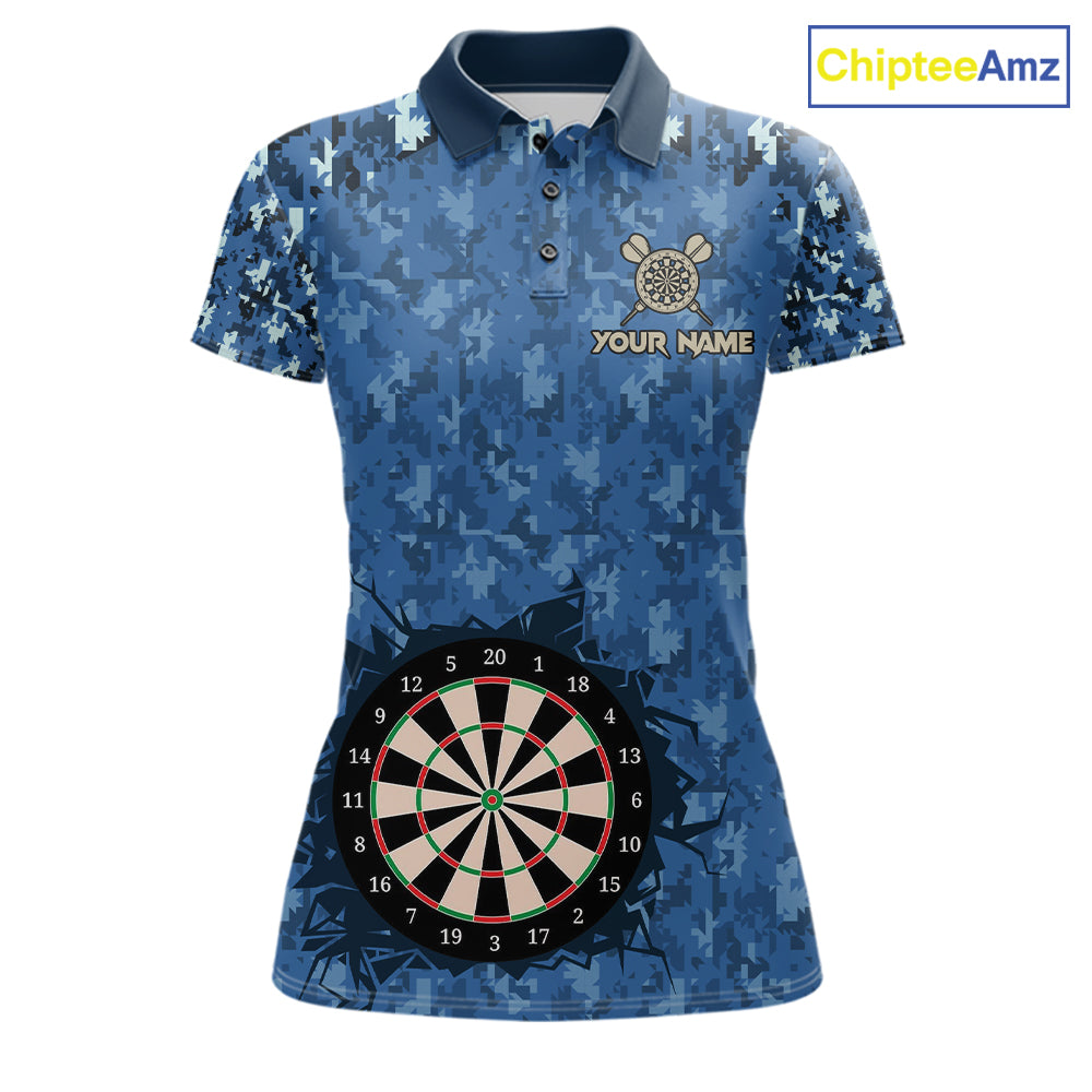 Custom Patriotic Dart Polo 1/4-Zip Shirt For Women Blue Camo US Flag Dartboard Retro Darts Team Jersey NYN4408