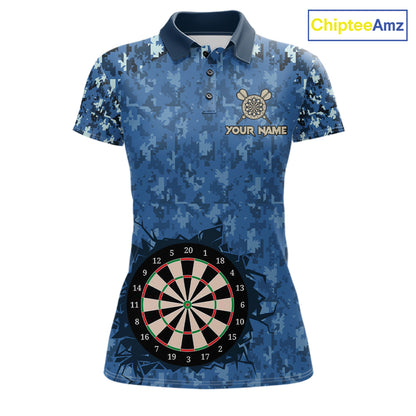 Custom Patriotic Dart Polo 1/4-Zip Shirt For Women Blue Camo US Flag Dartboard Retro Darts Team Jersey NYN4408