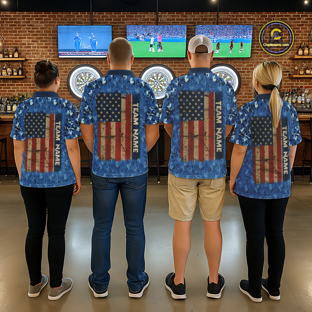Custom Patriotic Dart Polo 1/4-Zip Shirt For Men Blue Camo US Flag Dartboard Retro Darts Team Jersey NYN4408