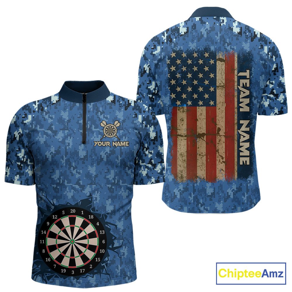 Custom Patriotic Dart Polo 1/4-Zip Shirt For Men Blue Camo US Flag Dartboard Retro Darts Team Jersey NYN4408