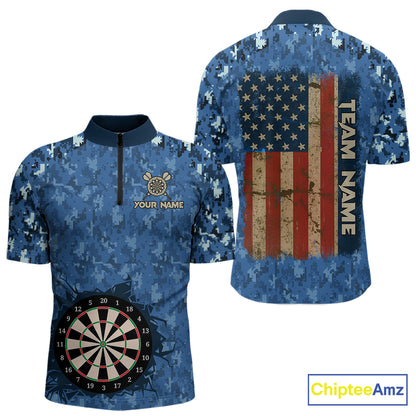 Custom Patriotic Dart Polo 1/4-Zip Shirt For Men Blue Camo US Flag Dartboard Retro Darts Team Jersey NYN4408