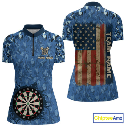 Custom Patriotic Dart Polo 1/4-Zip Shirt For Women Blue Camo US Flag Dartboard Retro Darts Team Jersey NYN4408