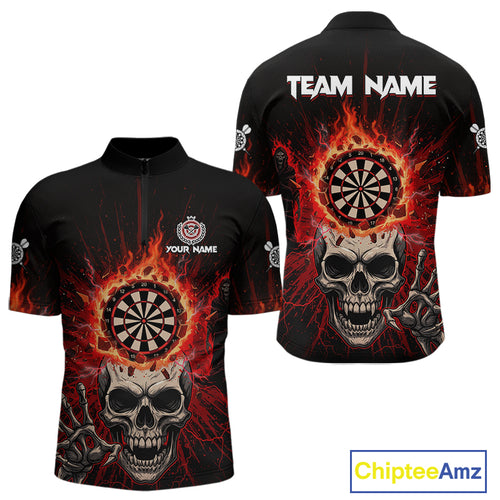 Red Skeleton Flames Cracked Dartboard Custom Men Darts Quarter-Zip Shirt Dart Jerseys NYN1920