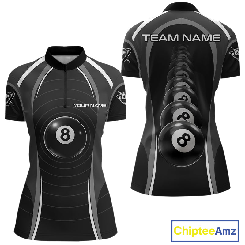 Black Blur 8 Ball Pool Polo & 1/4-Zip Team Shirt For Women Personalized Billiards Ball Apparel NYN2453