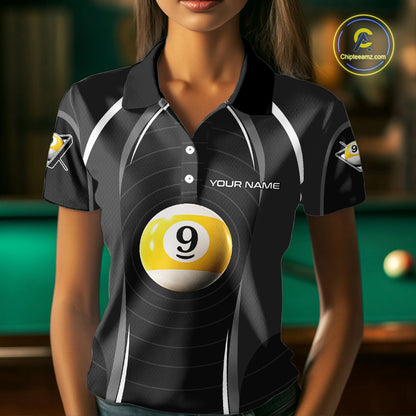 Black Blur 9 Ball Pool Polo & 1/4-Zip Team Shirt For Women Personalized Billiards Ball Apparel NYN2454