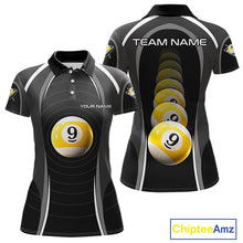 Load image into Gallery viewer, Black Blur 9 Ball Pool Polo &amp; 1/4-Zip Team Shirt For Women Personalized Billiards Ball Apparel NYN2454