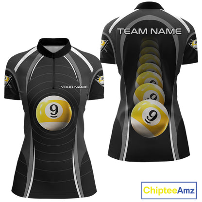 Black Blur 9 Ball Pool Polo & 1/4-Zip Team Shirt For Women Personalized Billiards Ball Apparel NYN2454