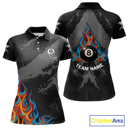 Blue And Red Flames 8 Ball Pool Women Polo & 1/4-Zip Team Shirts Custom Billiards Ball Apparel NYN2460