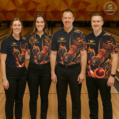 Personalized Flame Rooster Funny Bowling Shirts For Men, Orange Tribal Bowling Shirts Team Uniform NYN4076
