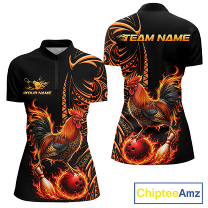 Personalized Flame Rooster Funny Bowling Shirts For Women, Orange Tribal Bowling Shirts Team Uniform NYN4076