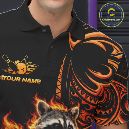 Personalized Flame Raccoon Funny Bowling Shirts For Men, Orange Tribal Bowling Shirts Team Uniform NYN4077