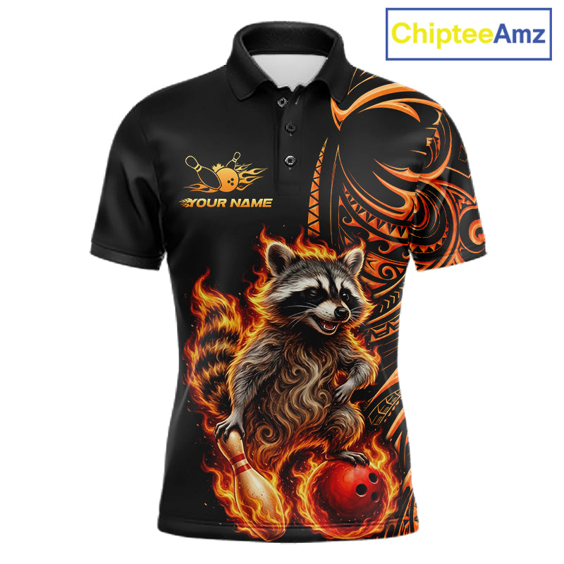 Personalized Flame Raccoon Funny Bowling Shirts For Men, Orange Tribal Bowling Shirts Team Uniform NYN4077