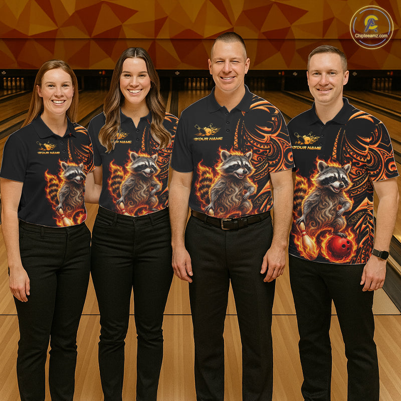 Personalized Flame Raccoon Funny Bowling Shirts For Men, Orange Tribal Bowling Shirts Team Uniform NYN4077