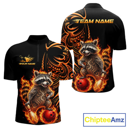 Personalized Flame Raccoon Funny Bowling Shirts For Men, Orange Tribal Bowling Shirts Team Uniform NYN4077