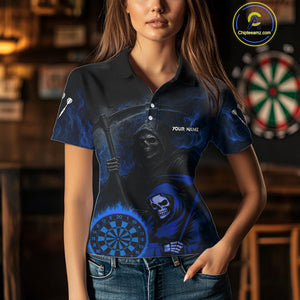 Custom Blue Smokes Flame Dartboard Grim Reaper Dart Women Polo Jerseys Dart Team Shirt NYN1655
