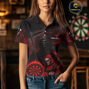 Custom Red Smokes Flame Dartboard Grim Reaper Dart Women Polo Jerseys Dart Team Shirt NYN1656