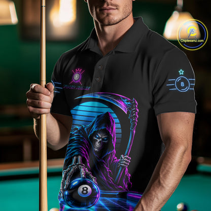 Personalized Vintage Neon Grim Reaper Billiard Polo 1/4-Zip For Men Custom 8 Ball Pool Billiard Shirt NYN4820