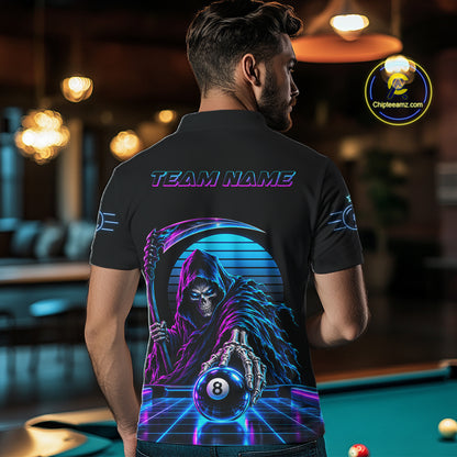 Personalized Vintage Neon Grim Reaper Billiard Polo 1/4-Zip For Men Custom 8 Ball Pool Billiard Shirt NYN4820