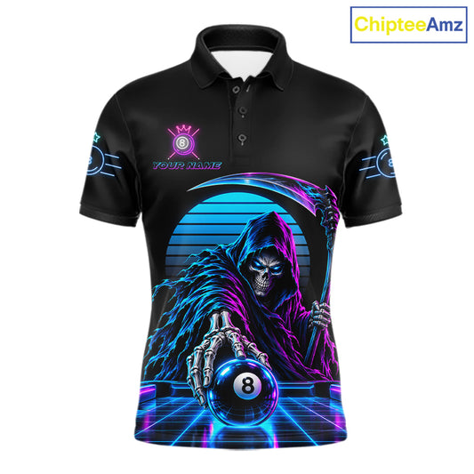 Personalized Vintage Neon Grim Reaper Billiard Polo 1/4-Zip For Men Custom 8 Ball Pool Billiard Shirt NYN4820