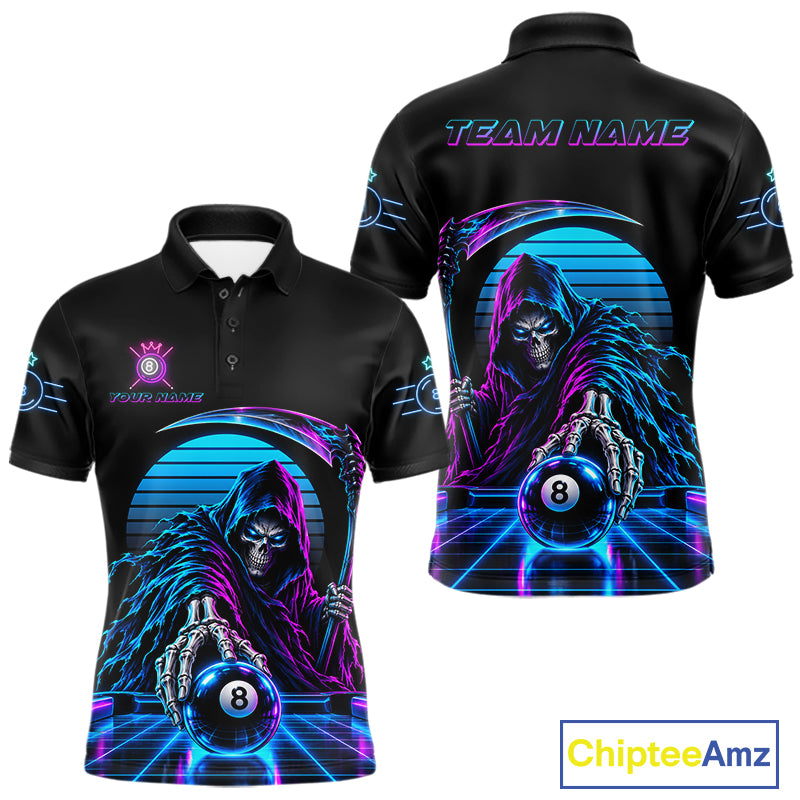 Personalized Vintage Neon Grim Reaper Billiard Polo 1/4-Zip For Men Custom 8 Ball Pool Billiard Shirt NYN4820