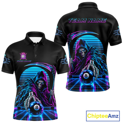 Personalized Vintage Neon Grim Reaper Billiard Polo 1/4-Zip For Men Custom 8 Ball Pool Billiard Shirt NYN4820
