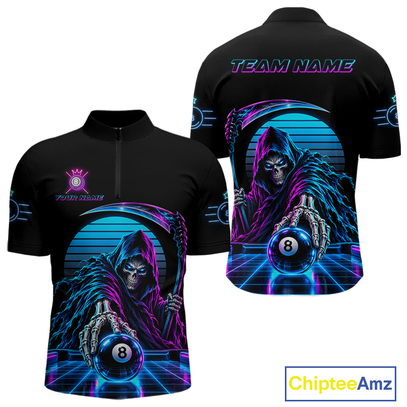 Personalized Vintage Neon Grim Reaper Billiard Polo 1/4-Zip For Men Custom 8 Ball Pool Billiard Shirt NYN4820
