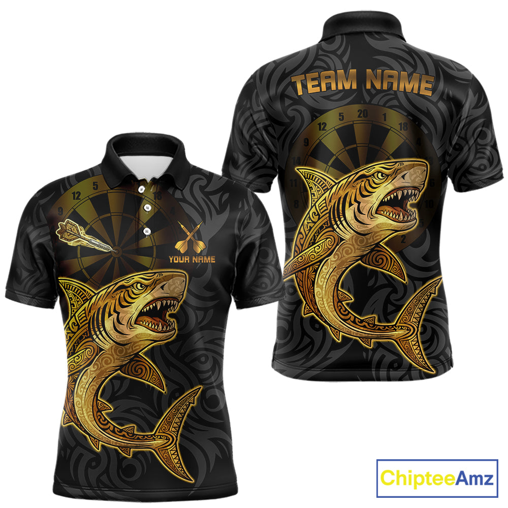 Personalized Black & Gold Funny Shark Tribal Dart Polo Shirts Men Dart Team Jerseys NYN2186