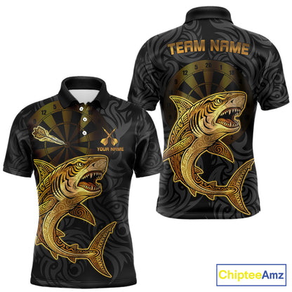 Personalized Black & Gold Funny Shark Tribal Dart Polo Shirts Men Dart Team Jerseys NYN2186