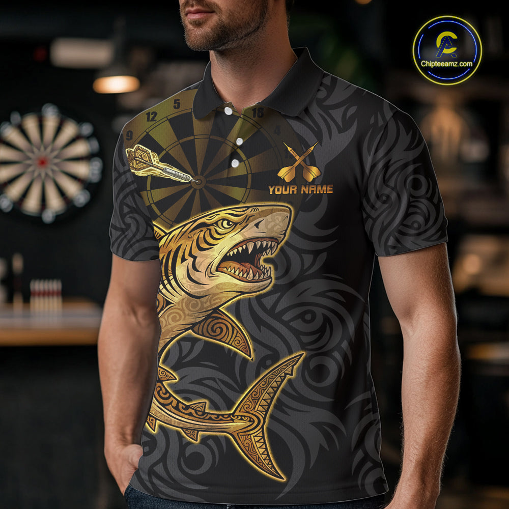 Personalized Black & Gold Funny Shark Tribal Dart Polo Shirts Men Dart Team Jerseys NYN2186