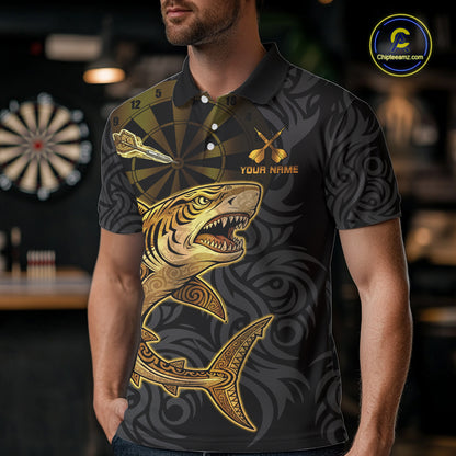 Personalized Black & Gold Funny Shark Tribal Dart Polo Shirts Men Dart Team Jerseys NYN2186
