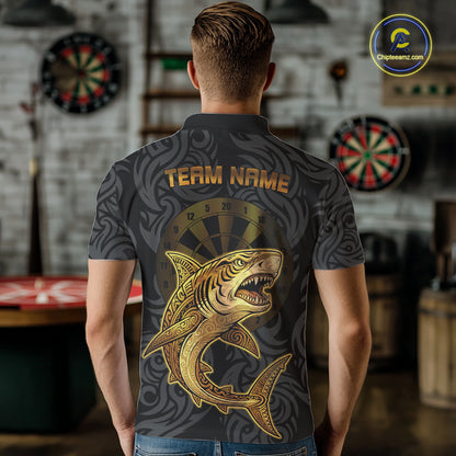Personalized Black & Gold Funny Shark Tribal Dart Polo Shirts Men Dart Team Jerseys NYN2186