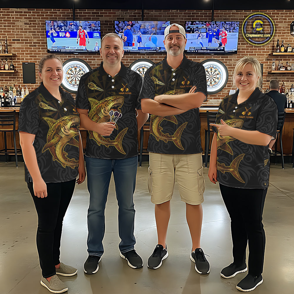 Personalized Black & Gold Funny Shark Tribal Dart Quarter-Zip Shirts Men Dart Team Jerseys NYN2186