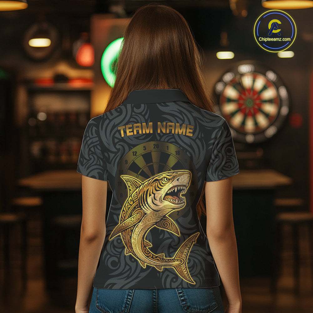 Personalized Black & Gold Funny Shark Tribal Dart Polo Shirts Women Dart Team Jerseys NYN2186
