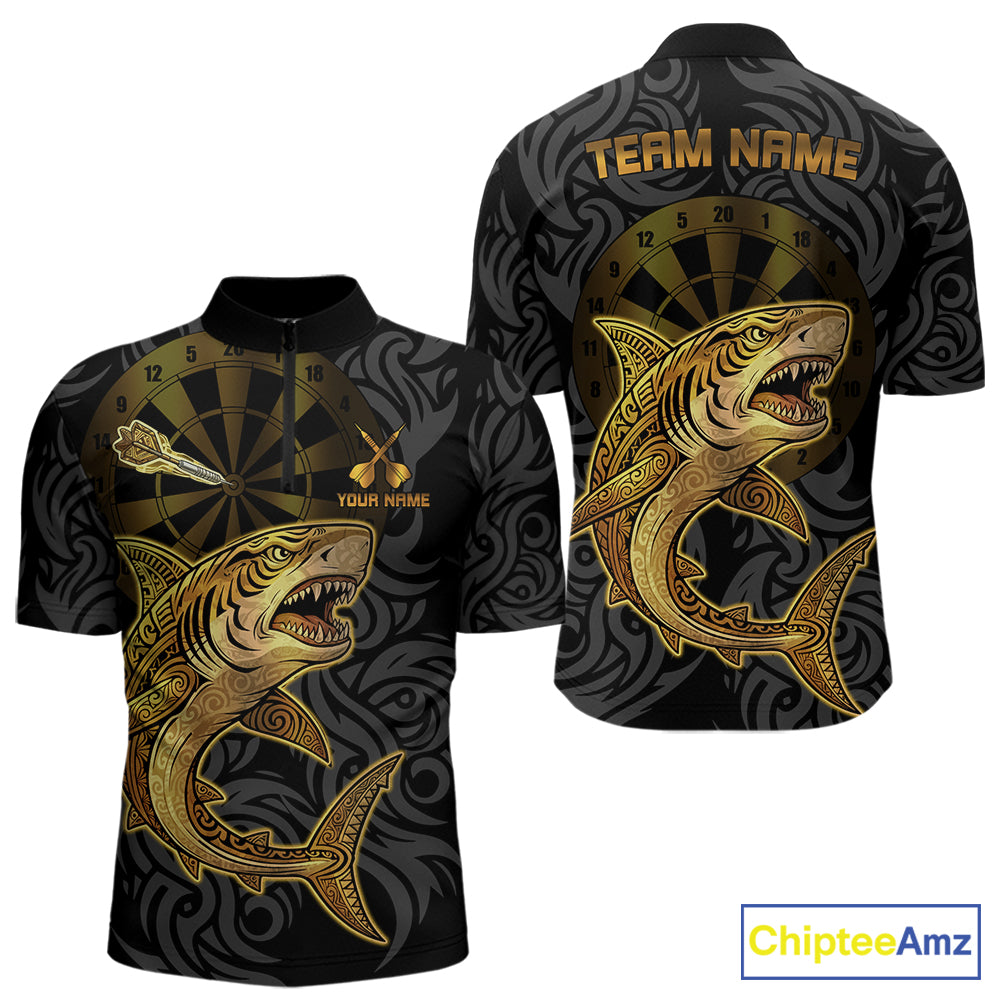 Personalized Black & Gold Funny Shark Tribal Dart Quarter-Zip Shirts Men Dart Team Jerseys NYN2186