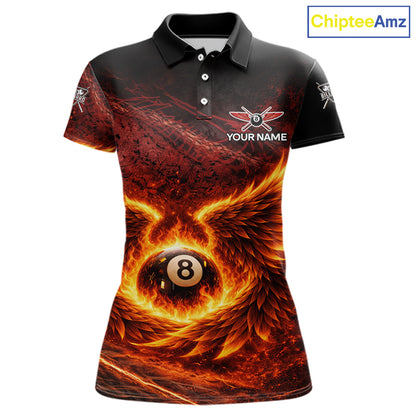 Fire Flame Wings 8 Ball Pool Polo & 1/4-Zip Team Shirt For Women Custom Billiards Ball Apparel NYN2461