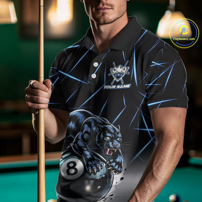 Blue Funny Panther 8 Ball Pool Polo & 1/4-Zip Team Shirt For Men Custom 3D Billiards Ball Apparel NYN2462