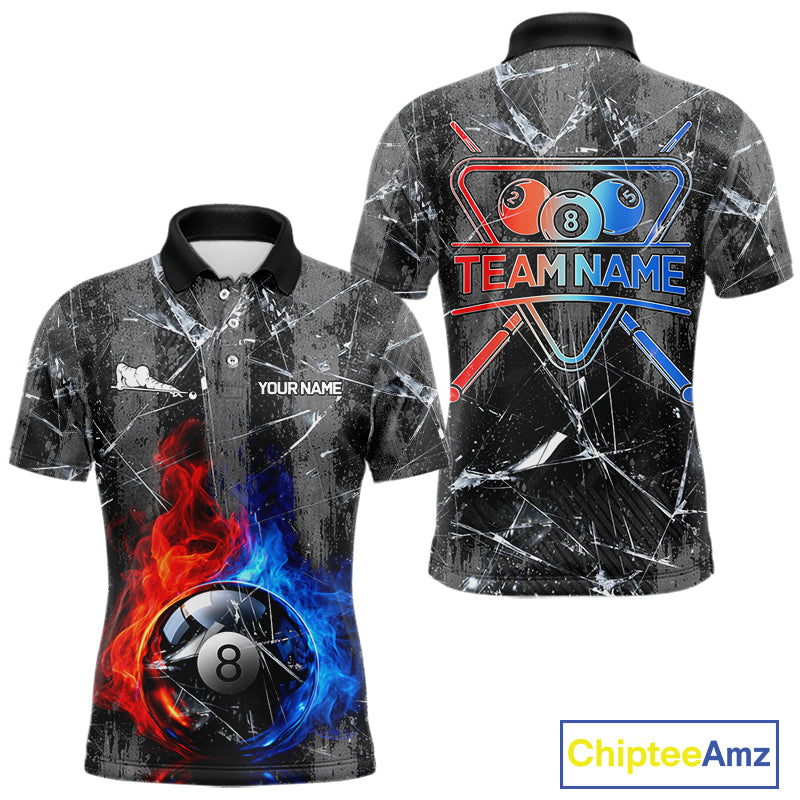 Glass Crack 8 Ball Pool Men Polo & 1/4-Zip Team Shirts Custom Fire Flame Billiards Ball Apparel NYN2463