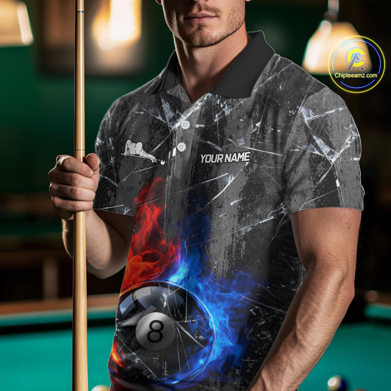 Glass Crack 8 Ball Pool Men Polo & 1/4-Zip Team Shirts Custom Fire Flame Billiards Ball Apparel NYN2463