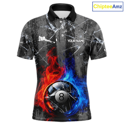 Glass Crack 8 Ball Pool Men Polo & 1/4-Zip Team Shirts Custom Fire Flame Billiards Ball Apparel NYN2463