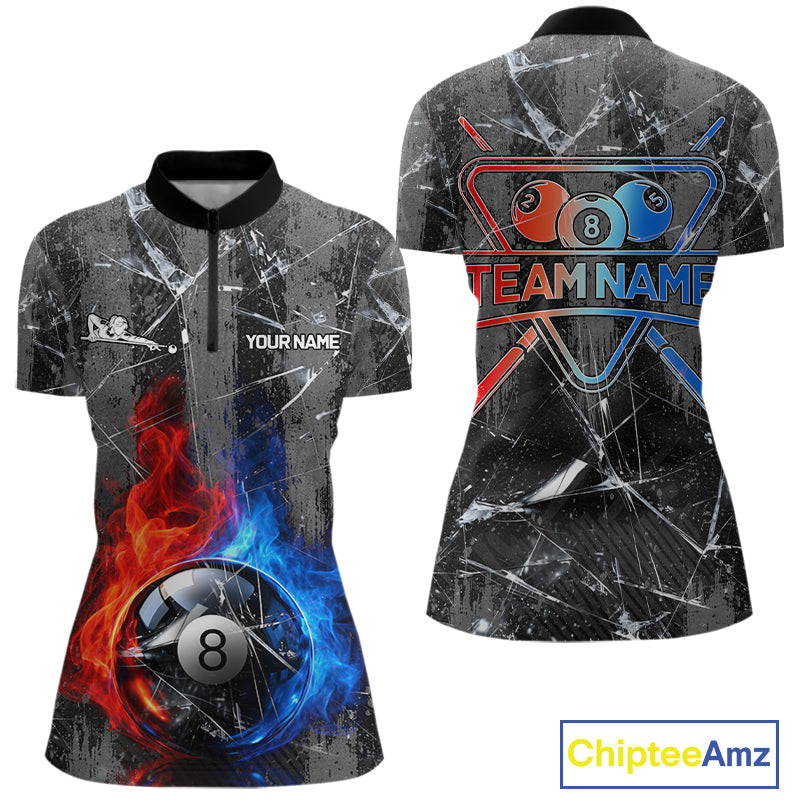 Glass Crack 8 Ball Pool Women Polo & 1/4-Zip Team Shirts Custom Fire Flame Billiards Ball Apparel NYN2463