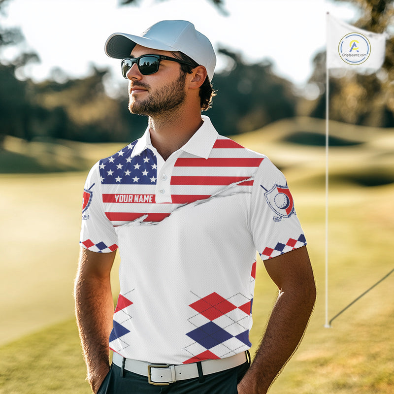 Mens US Flag Golf Shirts Patriotic Golf Jersey Custom Red And Blue Golf Polo Clothes, Golf Gifts NYN3054