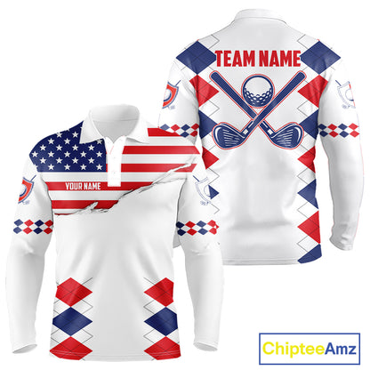 Mens US Flag Golf Shirts Patriotic Golf Jersey Custom Red And Blue Golf Polo Clothes, Golf Gifts NYN3054